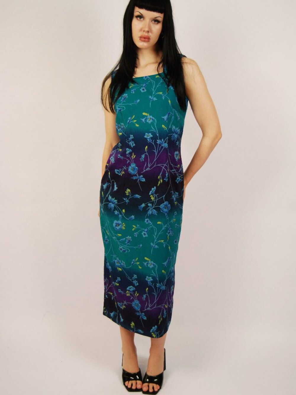 90s Floral Tank Dress (6) blue green vintage maxi high neck ombre Sag Harbor